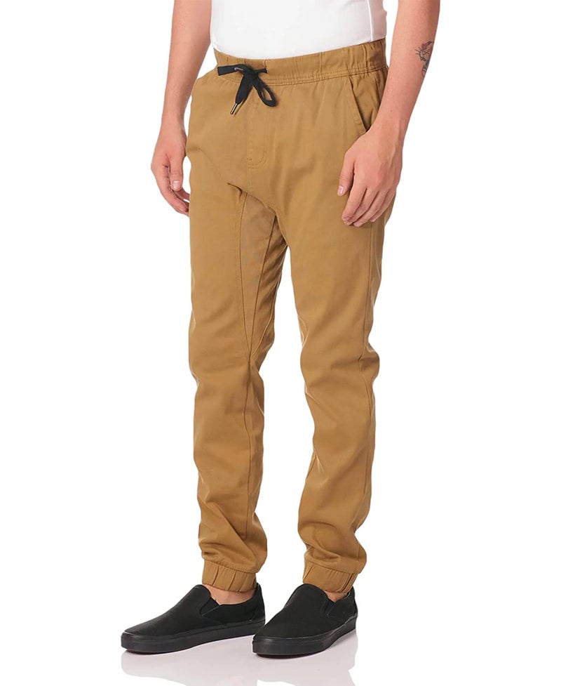 WT02 Young Menâ€™s Jogger Pants In Basic Solid Colors and Stretch Twill Fabric Pants, -tobacco, Large - Image 2